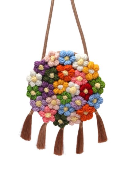 Ethnische flauschige Tasche für Frauen, neuer Modetrend 2025, kleine runde Tasche mit Blumenmuster, stilvoll und vielseitig, kann auf einer Schulter oder quer über dem Körper getragen werden